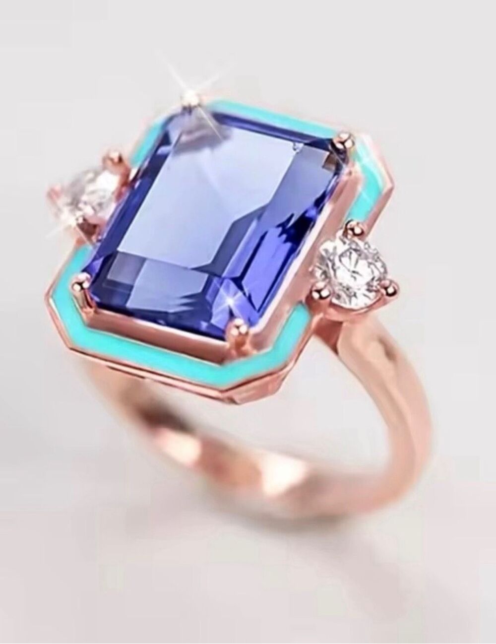 Yohji Yamamoto Rose Gold Plated Statement Ring Blue Emerald-Cut Stone Size 8